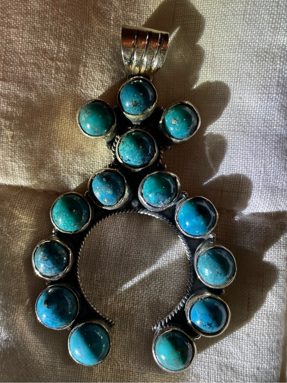 Turquoise Silver Statement Pendant - Blue Round Stone Crescent